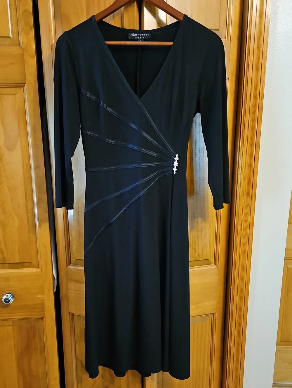 connected apparel Black Long-Sleeve Faux-Wrap Dress with Decorative Accent